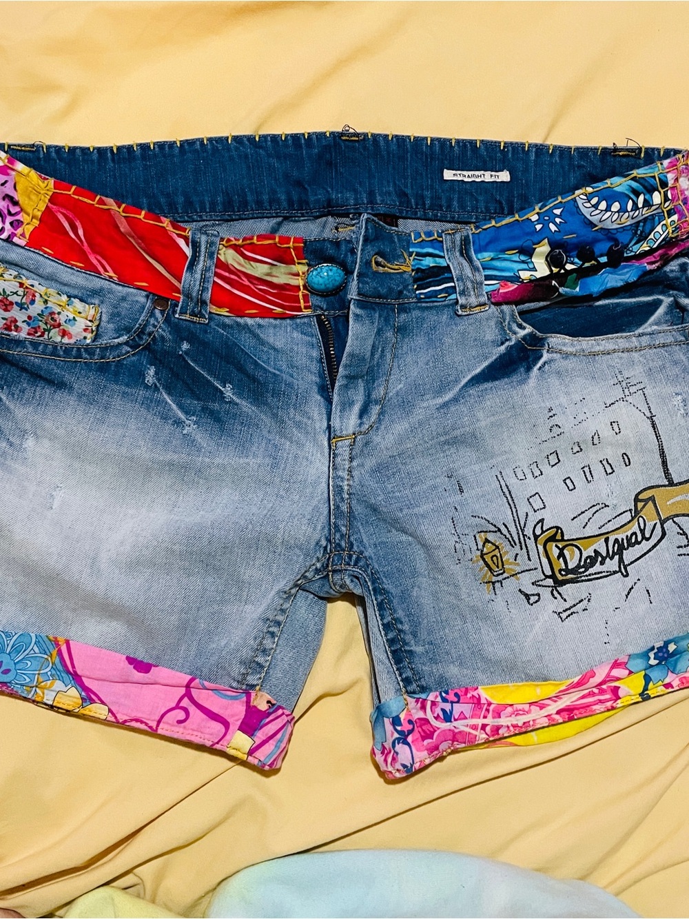 Desigual Light Blue Denim Shorts with Multicolor Trim